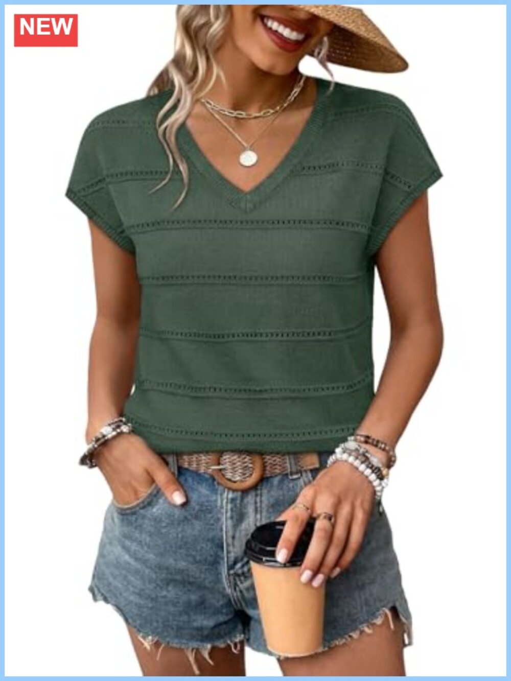 Womens V-Neck Short Sleeve Knit Sweater Lightweight Hollow-Out Cap Sleeve